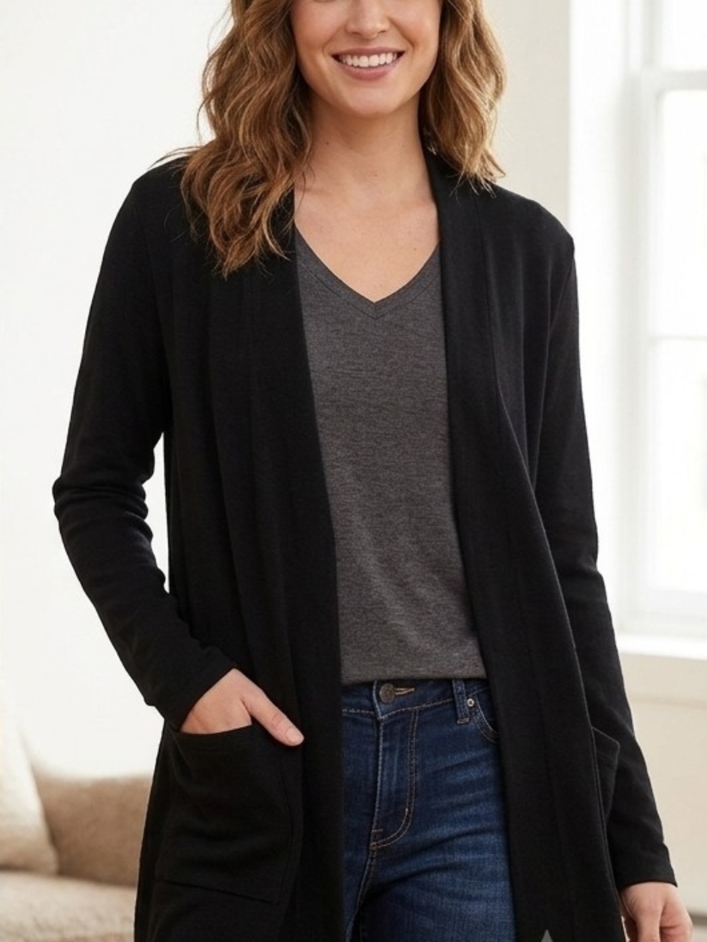 Weekenders Size Large Black Open-Front Pocket Cardigan Sweater Made in Canada